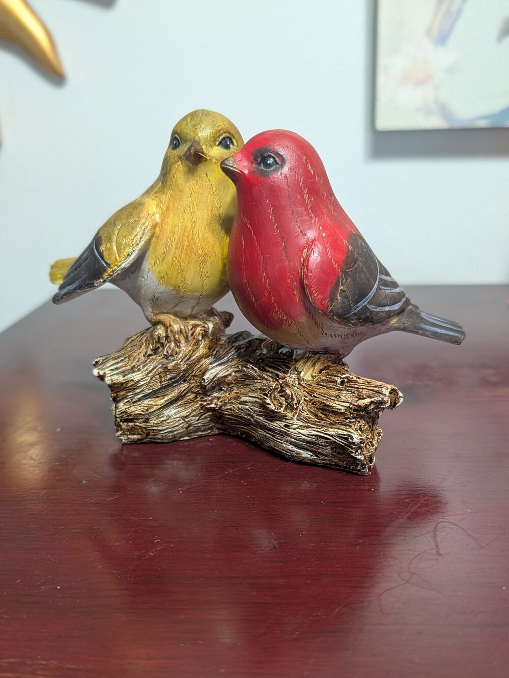 Carved Wood 2 Bird Figurine Yellow & Red Vintage Perched On Branch Handpainted